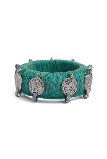 Green Teal Thread Wooden Bangles